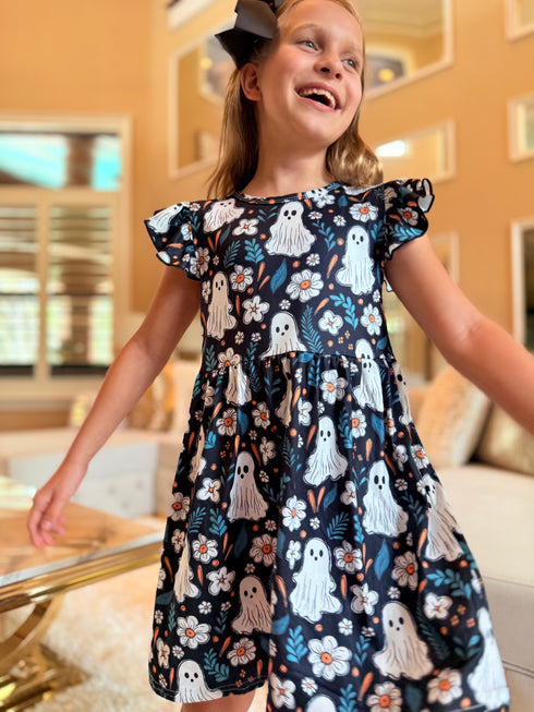 Girls Short Sleeve Ghost Dress with Matching Bow - Bowtism